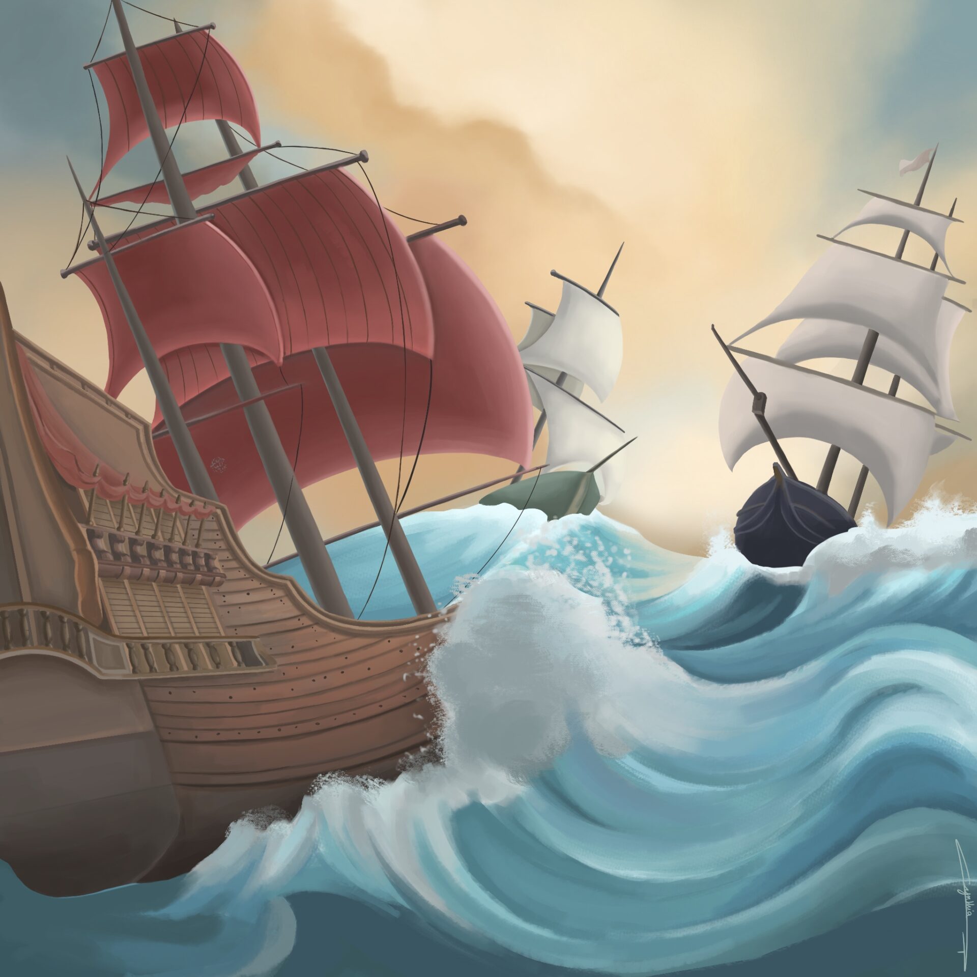portfolio de Cynthia Artstudio Illustration bateaux de pirates boîte jeu de société