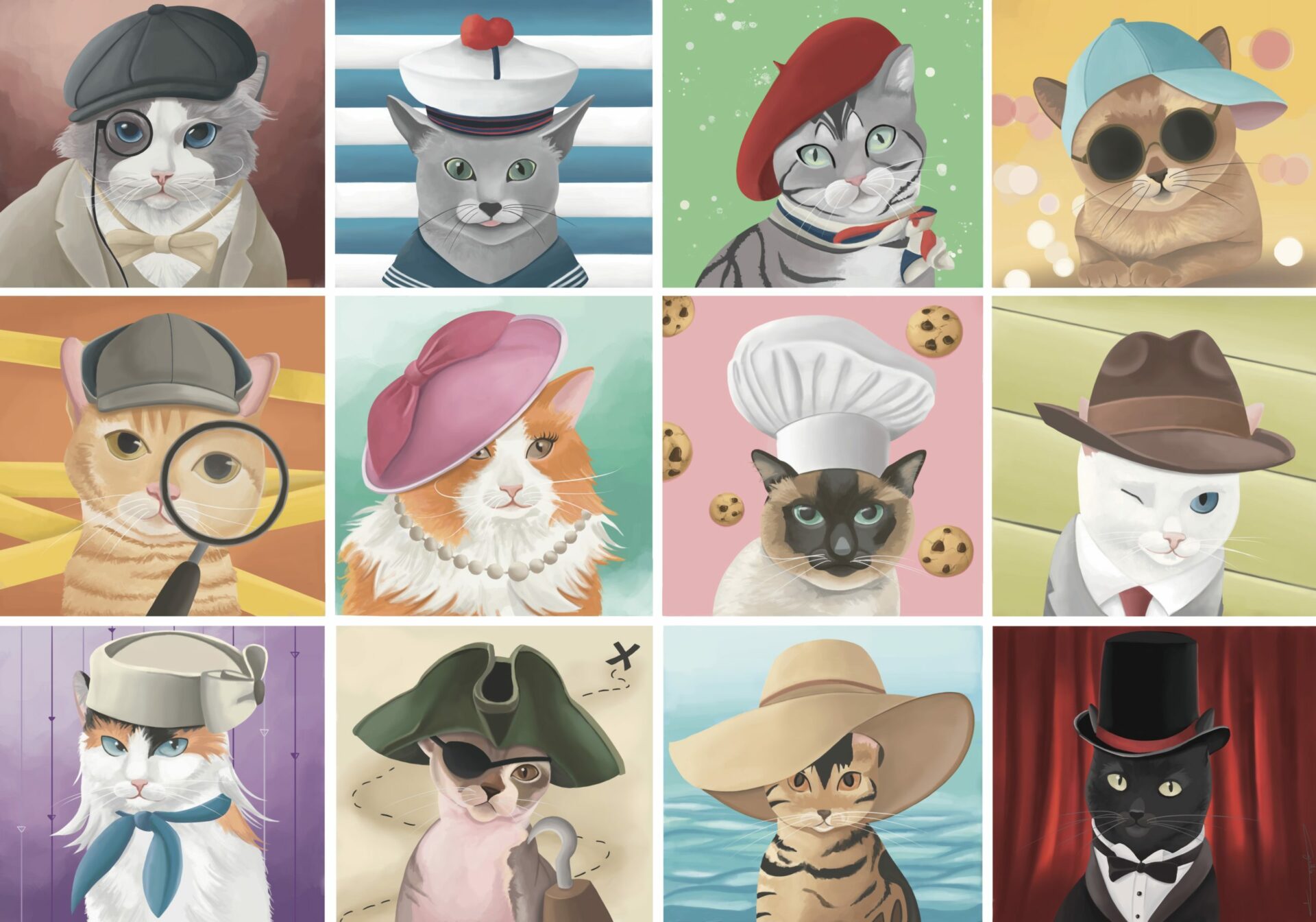 puzzle cats with hats illustration by Cynthia Artstudio