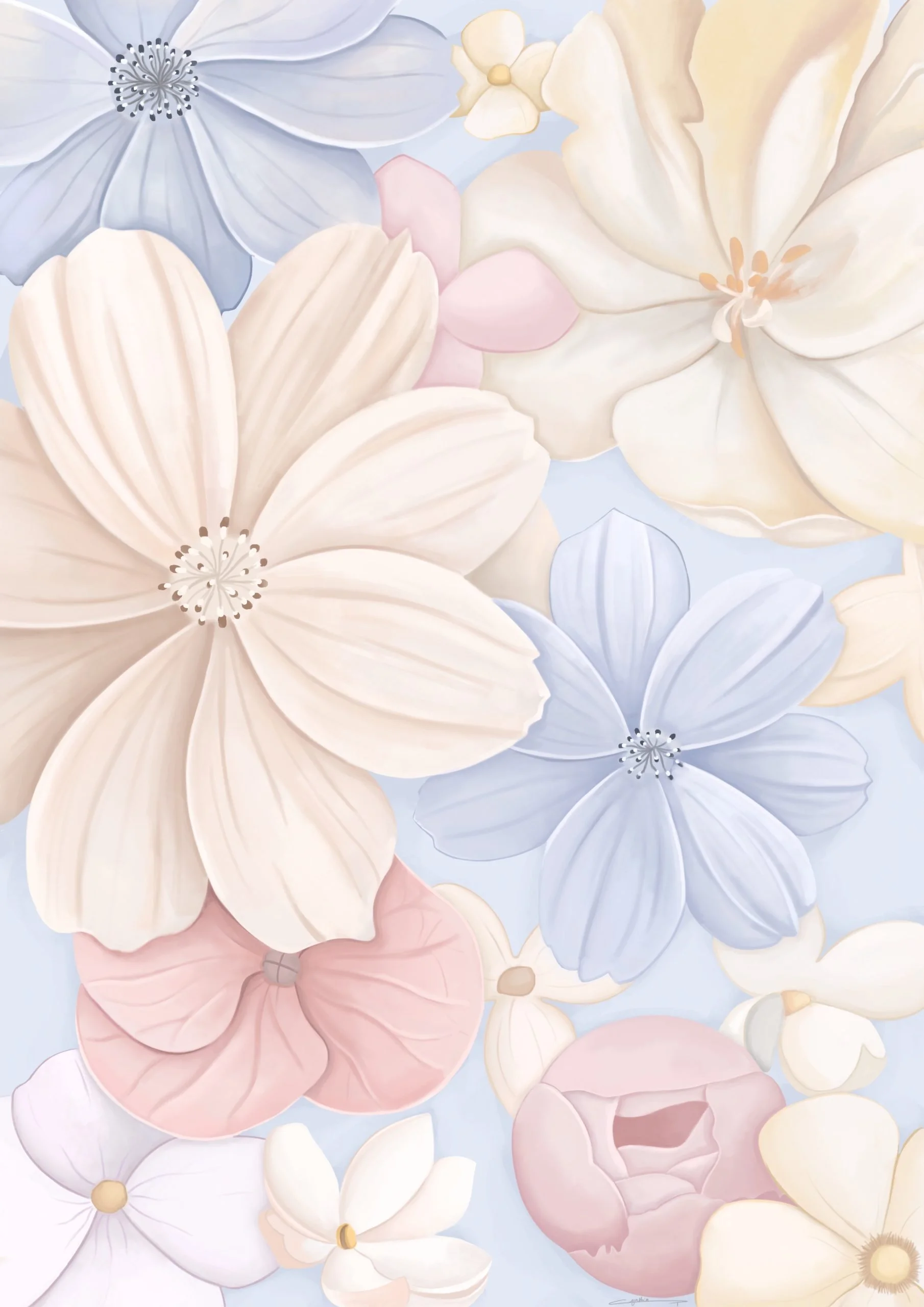 dessin de fleurs blanches, bleues et roses