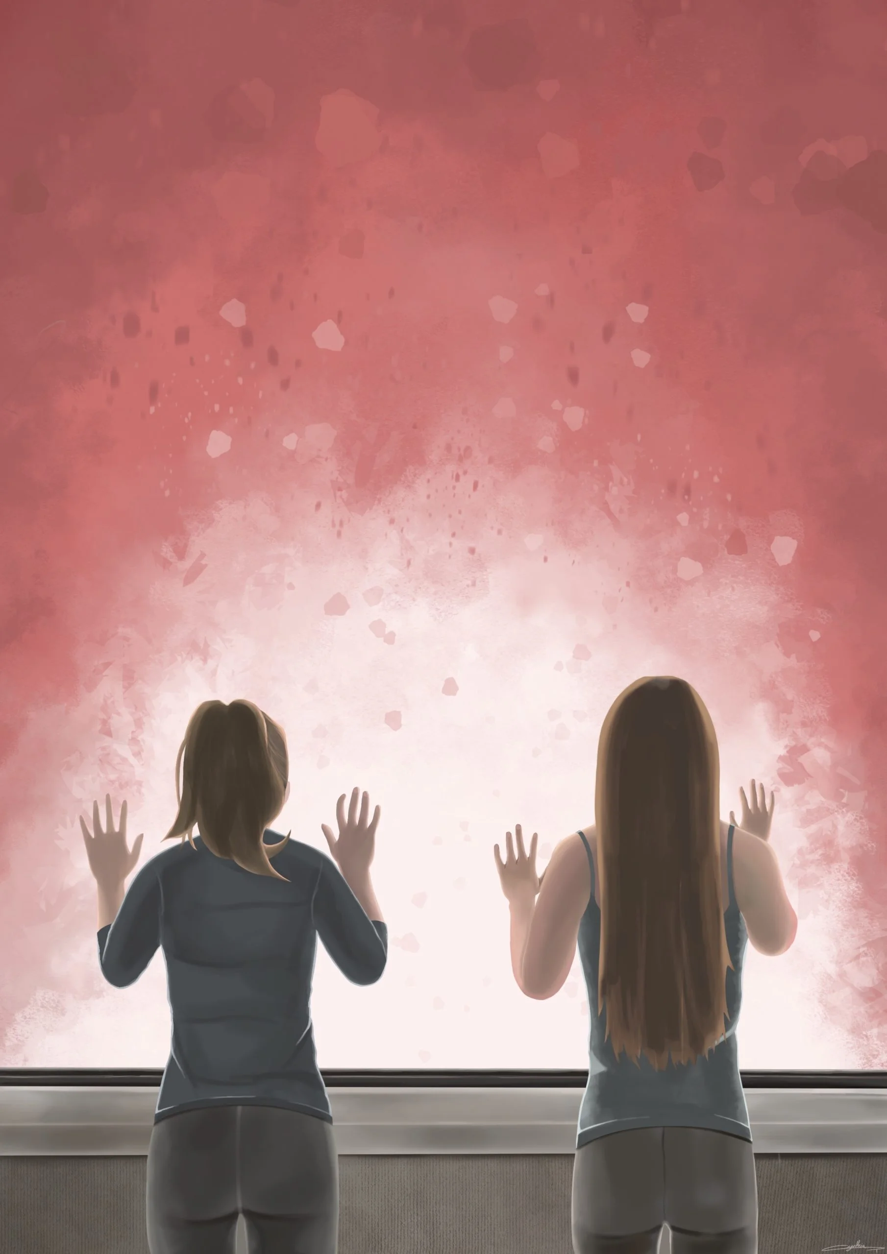 portfolio de Cynthia Artstudio Deux jeunes filles regardant par la fenêtre un ciel rouge