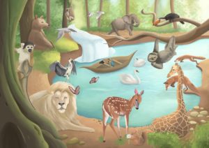 illustration animaux jungle, lion, girafe, oiseaux, ours, éléphant. Fait par l’illustratrice Cynthia Artstudio. Enchanted Forest