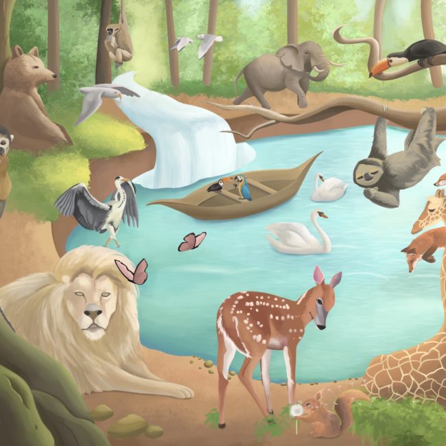 illustration d'une jungle avec des animaux sauvages, lion, girafe, oiseaux, ours, éléphant