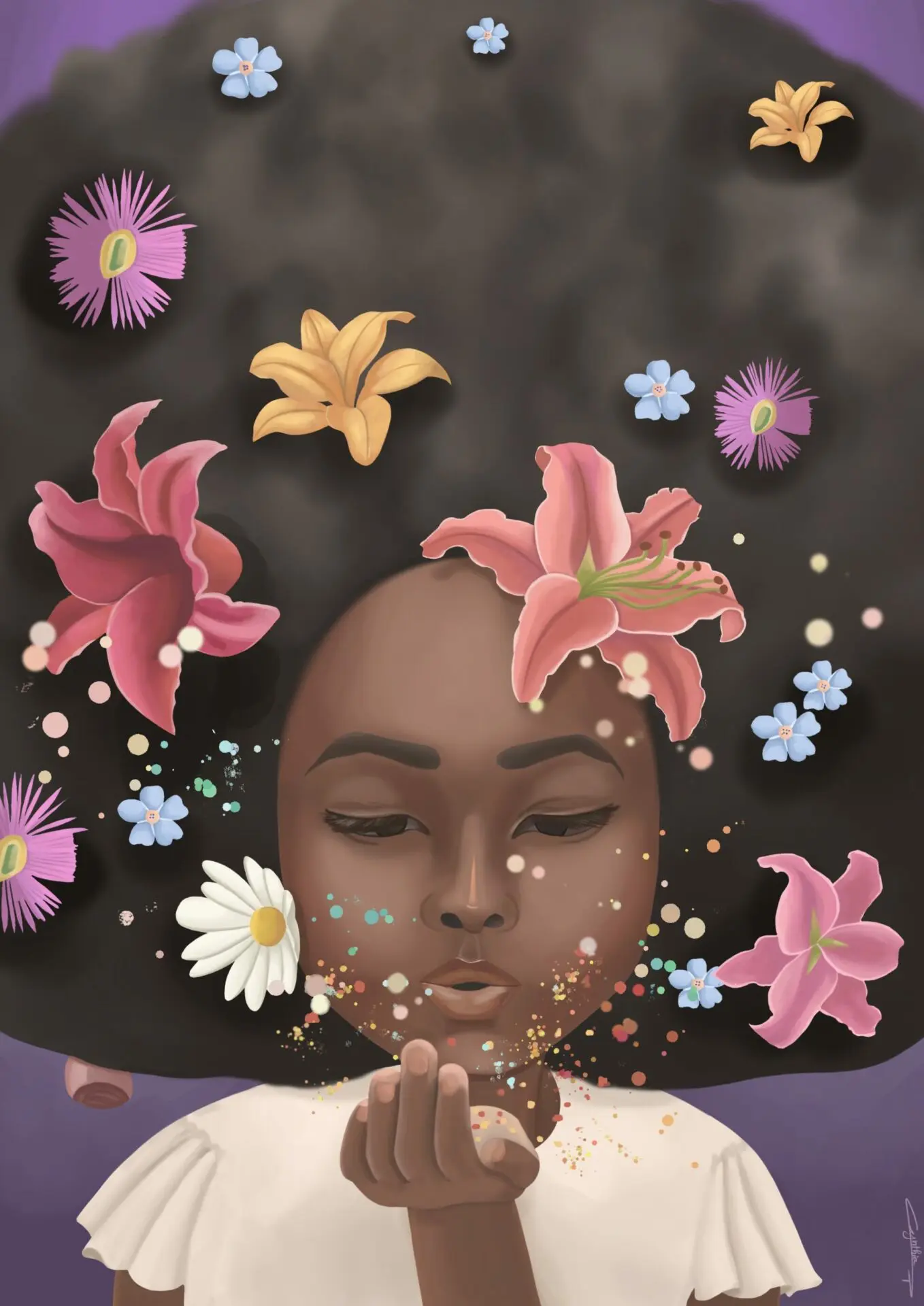 portfolio de Cynthia Artstudio Illustration kid with afro hair and flowers