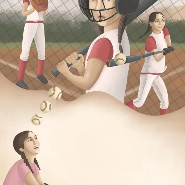 illustration little girl playing softball