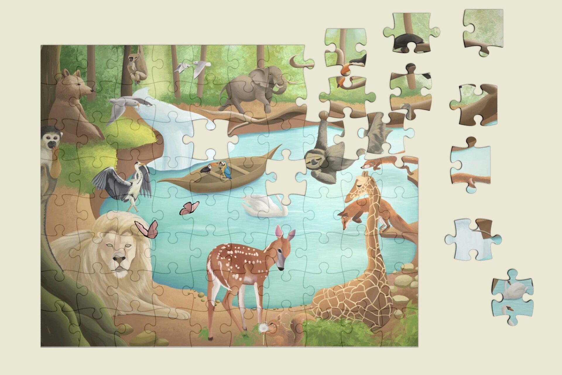 Puzzle animaux sauvage dans une forêt avec un lac