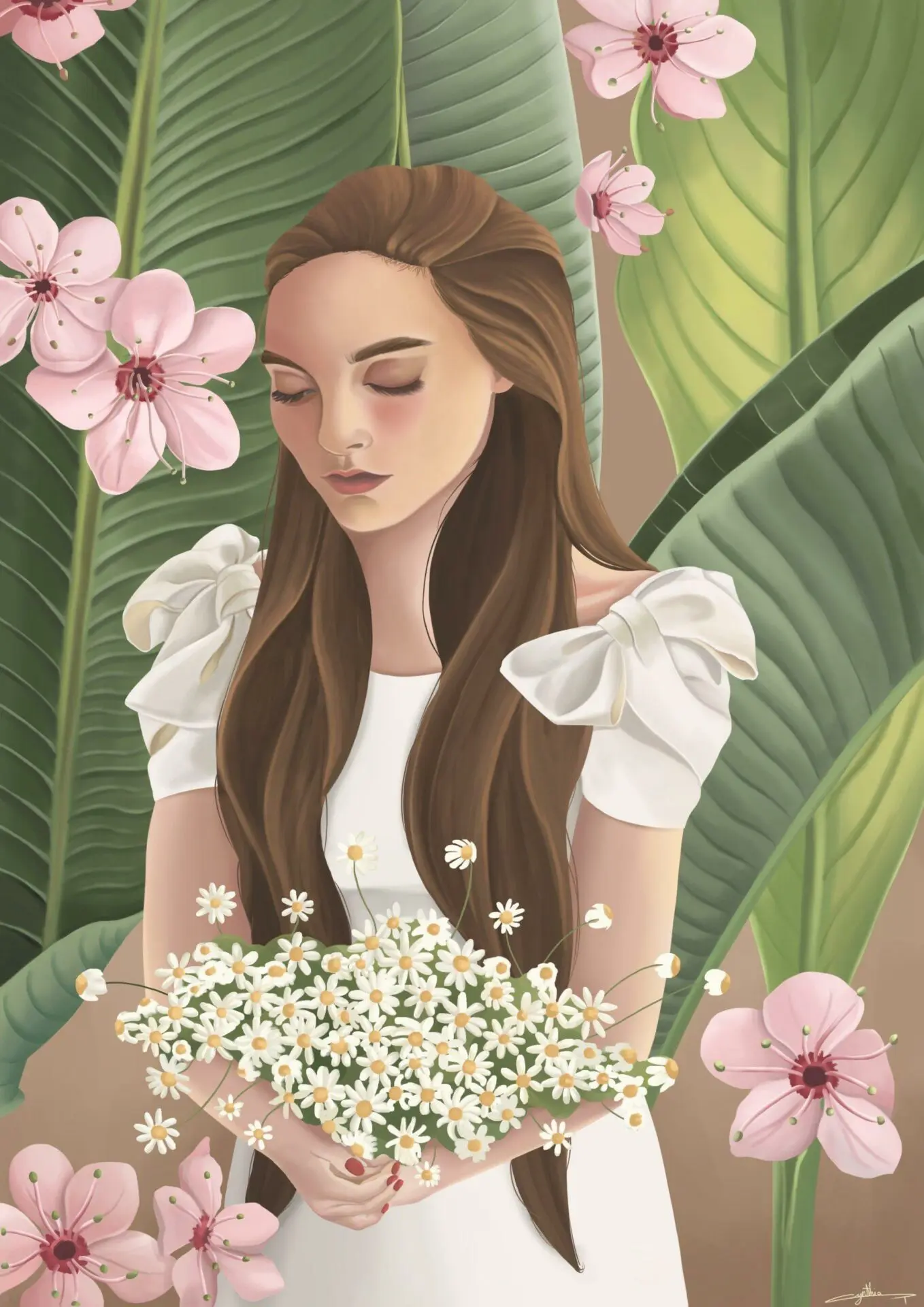 illustration femme, plantes et fleurs