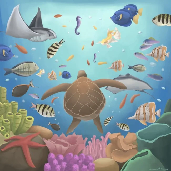 illustration sea animals with turtle fish corals starfish jellyfish