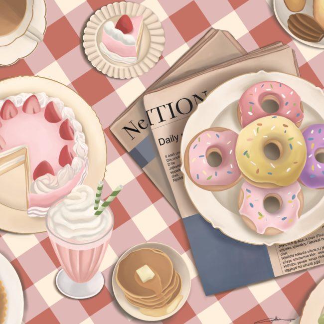 illustration dessert, donut, fraisier, milkshake, pancakes