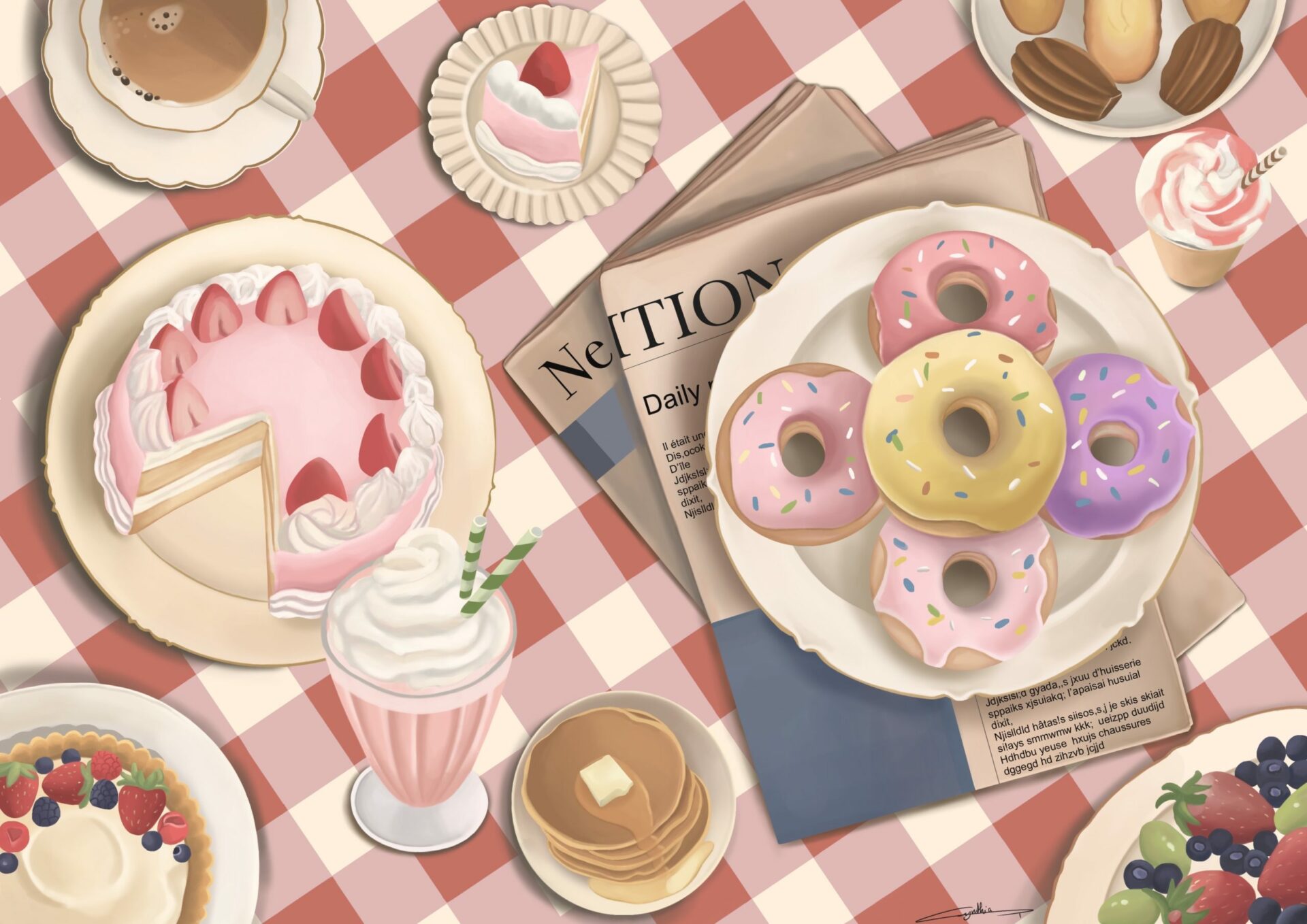 dessin dessert, donut, fraisier, milkshake, pancakes