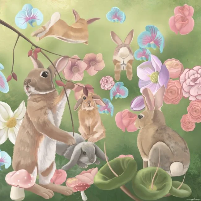 illustration with rabbits and blossom flowers