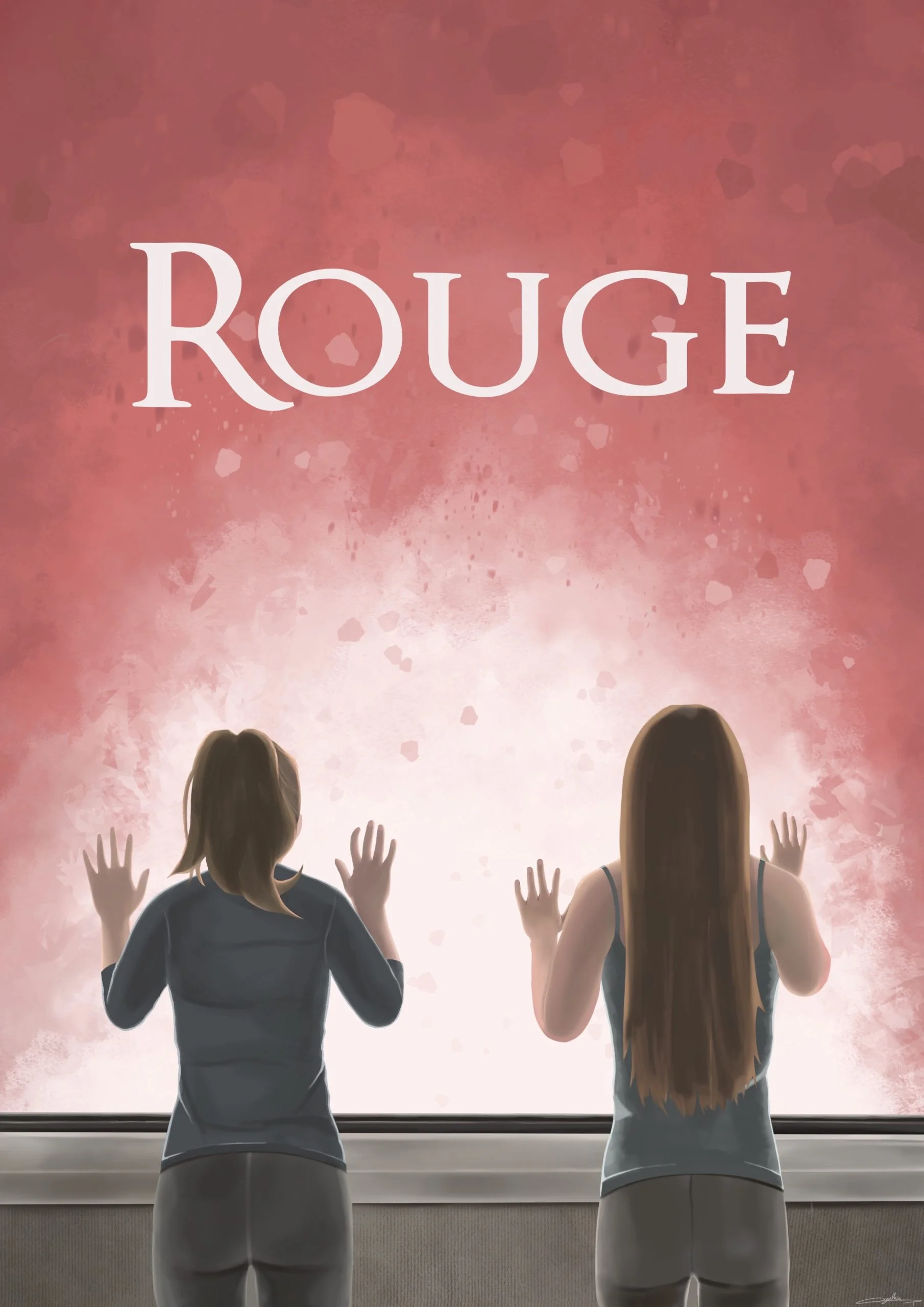 illustration couverture de livre jeunesse de deux filles regardant par la fenêtre un ciel rouge
