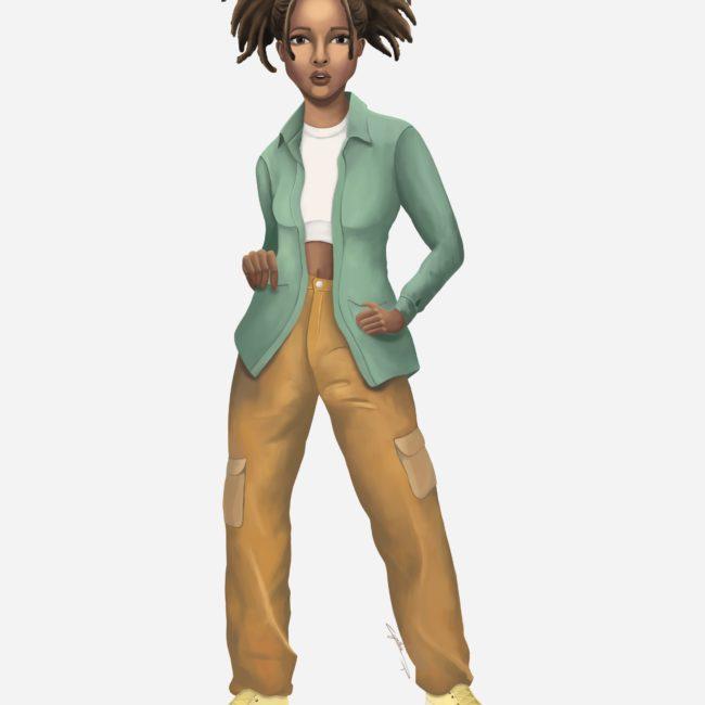 Personnage illustration jeune femme afro fait par l’illustratrice Cynthia Artstudio