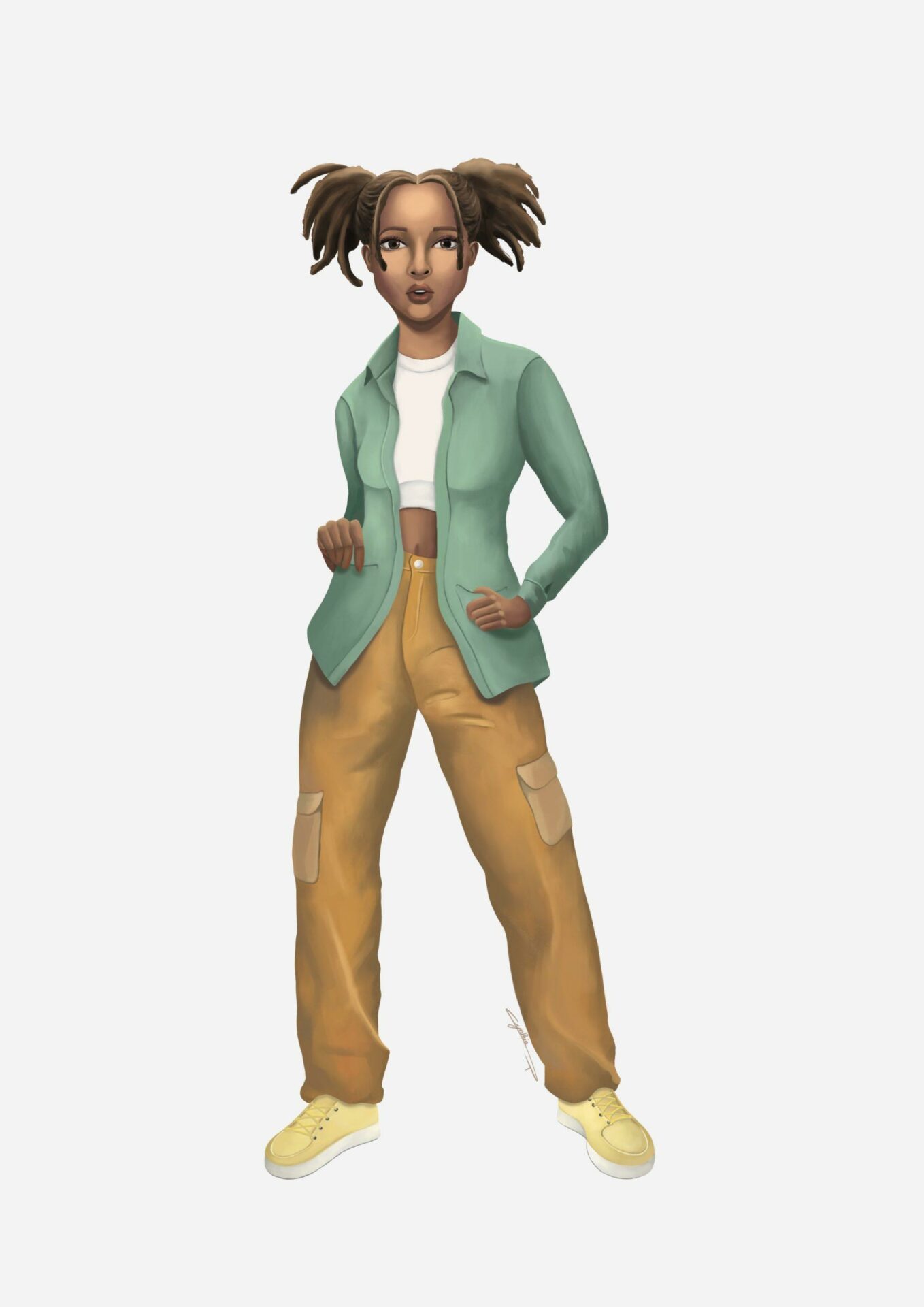 Personnage illustration jeune femme afro fait par l’illustratrice Cynthia Artstudio