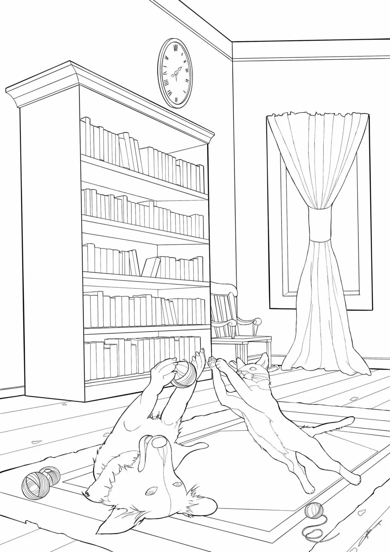 Illustration coloriage. Coloriage chien et chat réalisé par l’illustratrice Cynthia Artstudio