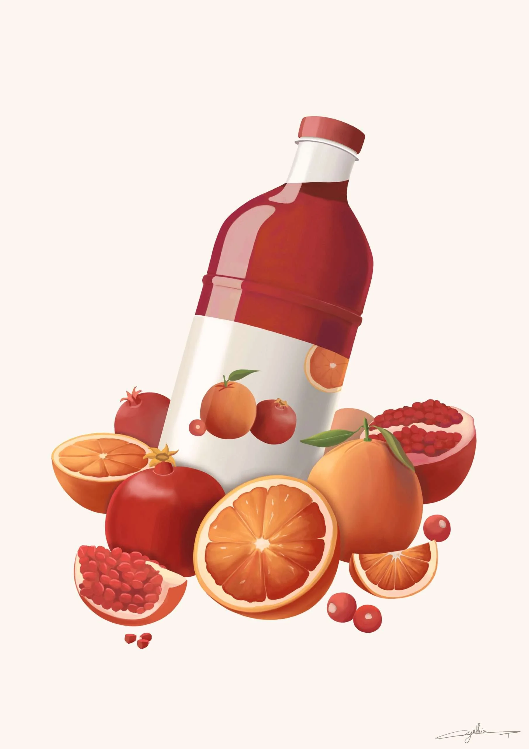 Jus de fruits illustration publicité par l’illustratrice Cynthia Artstudio. Fruit juice