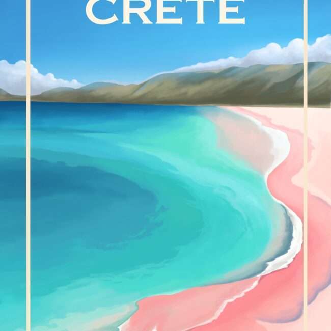 Crète, plage sable rose à Chania, illustration fait par l’illustratrice Cynthia Artstudio