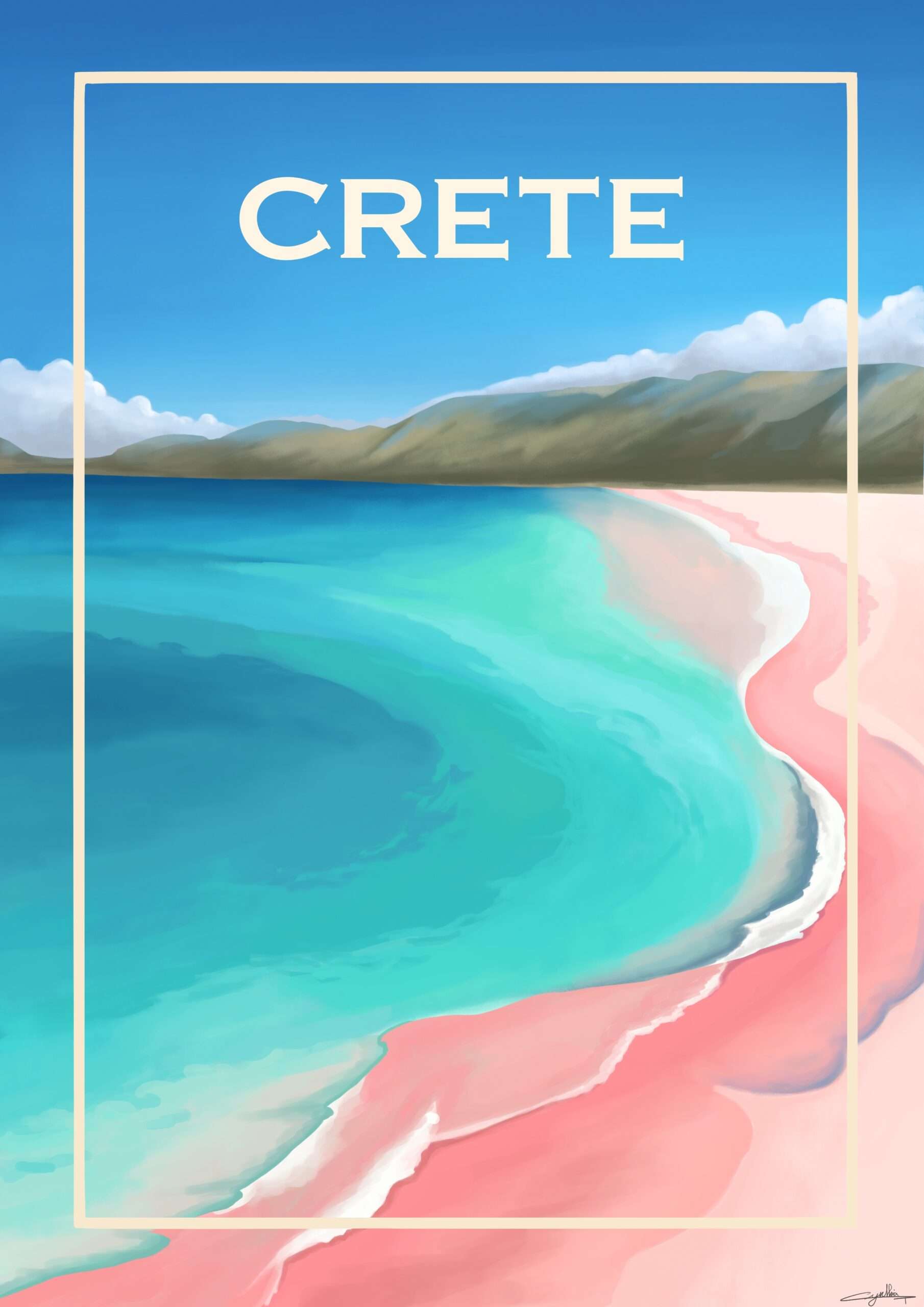 Crète, plage sable rose à Chania, illustration fait par l’illustratrice Cynthia Artstudio. Crete