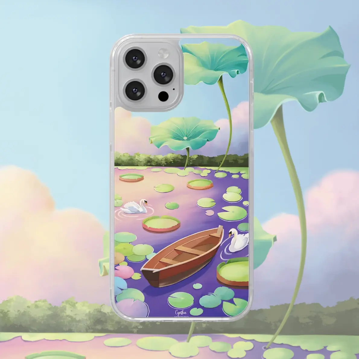 Coque téléphone nenuphars Ohmycase fait par l'illustratrice Cynthia Artstudio