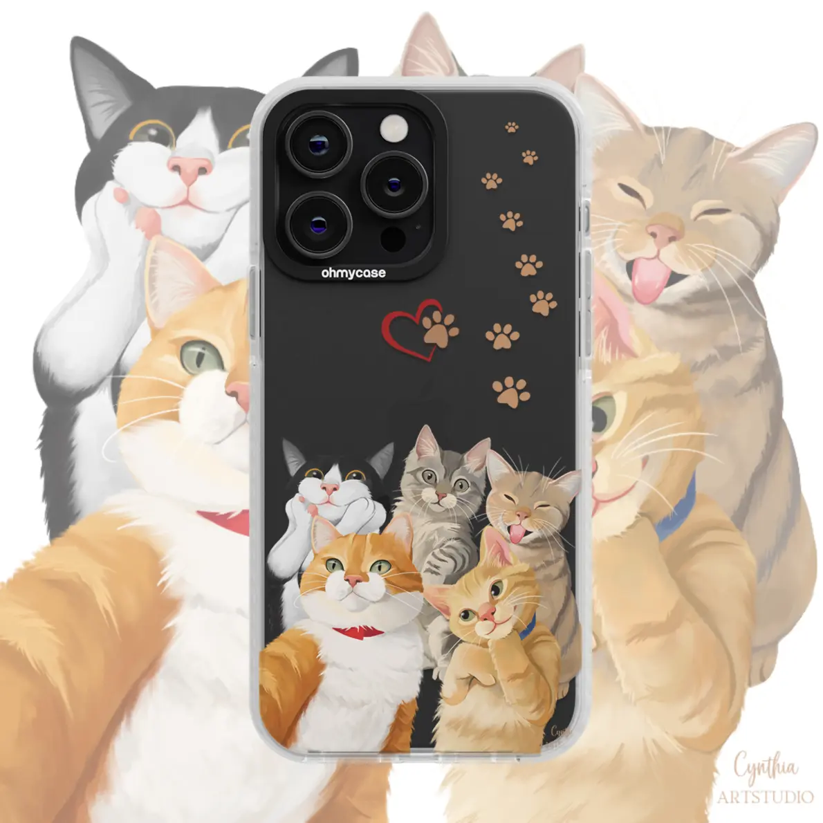 Coque téléphone chat Ohmycase fait par l'illustratrice Cynthia Artstudio