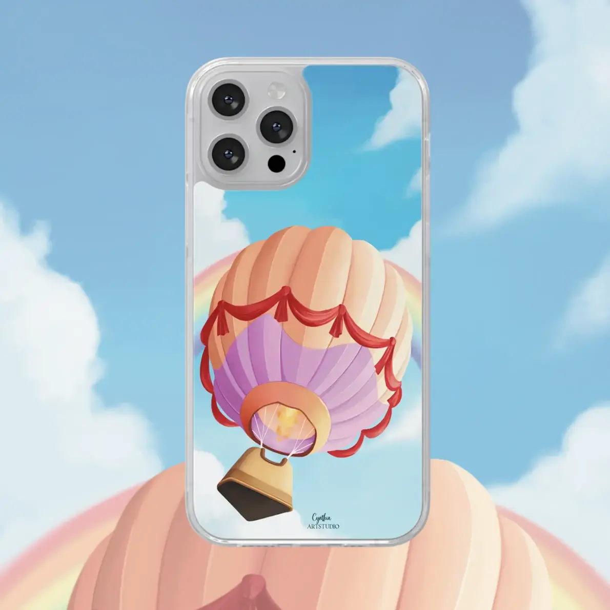 Coque téléphone montfolfière Ohmycase fait par l'illustratrice Cynthia Artstudio