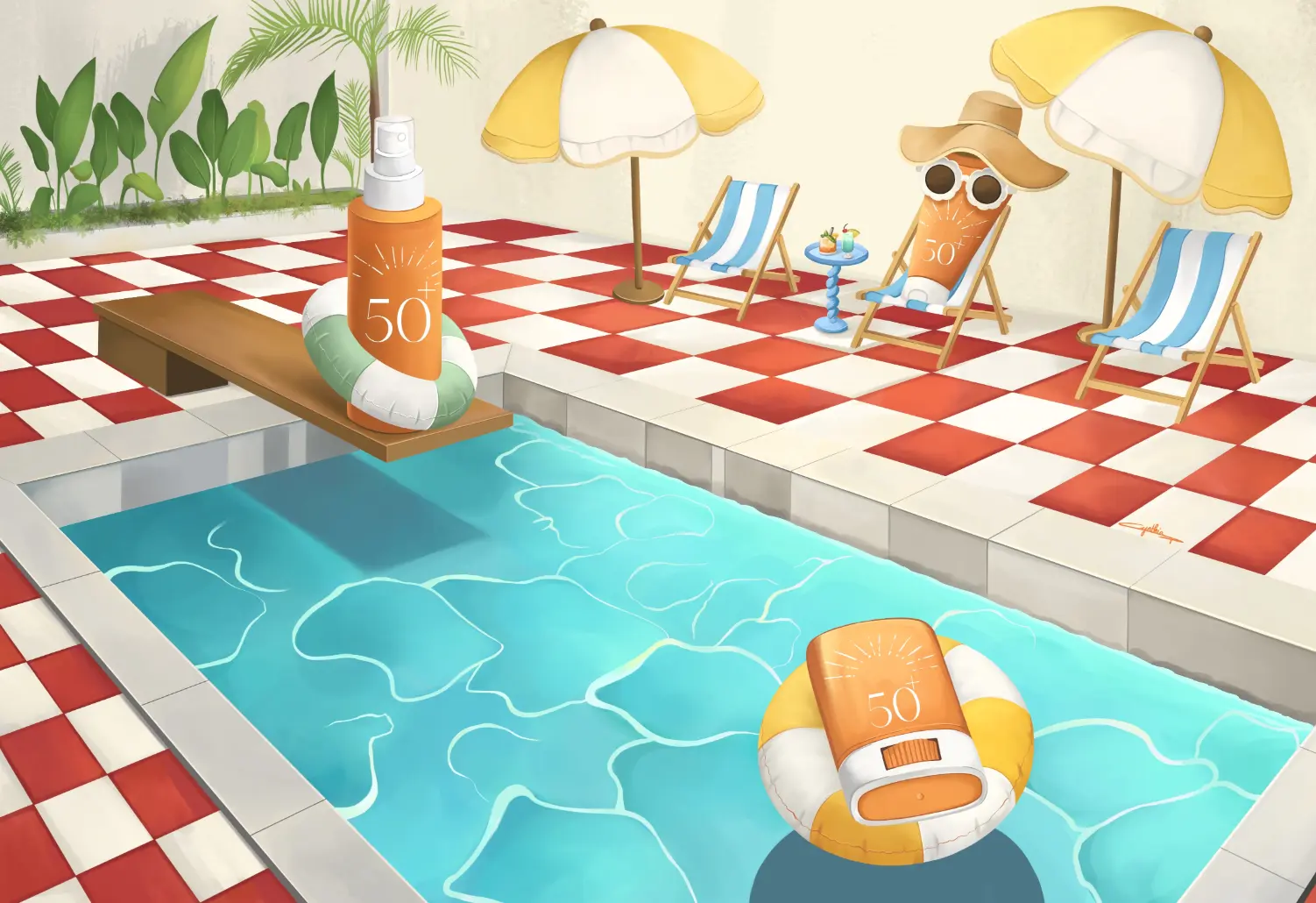 Illustration publicité crème solaire par Cynthia Artstudio